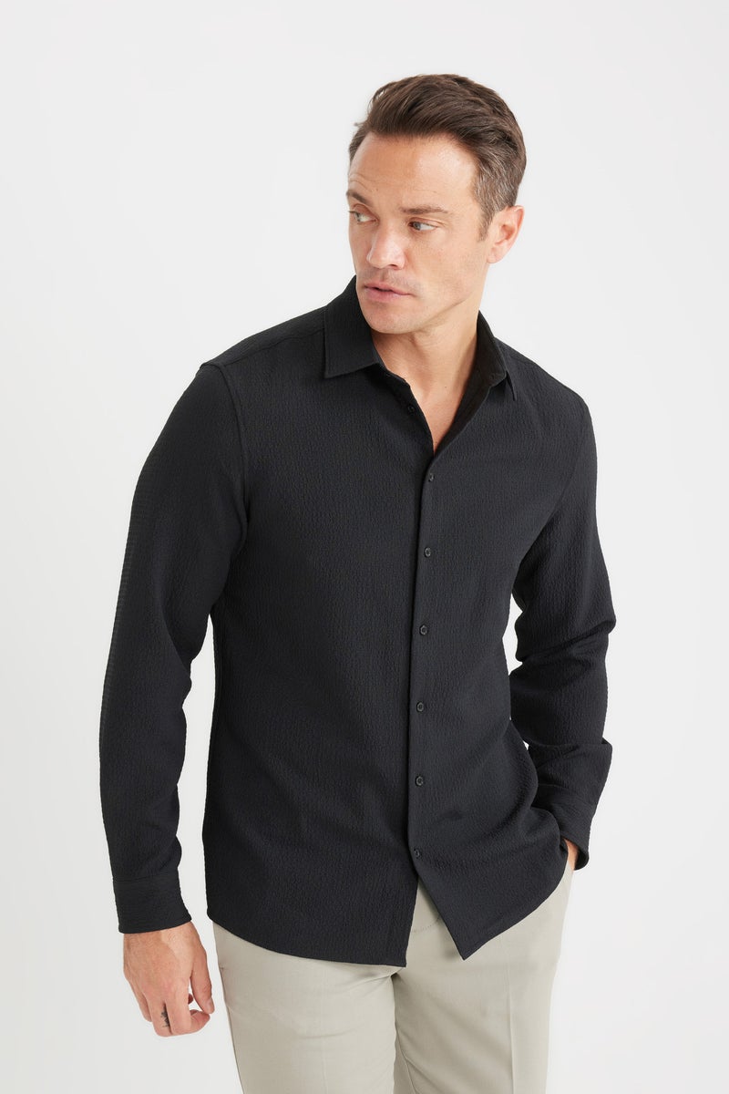 DeFacto Black Man Modern Fit Polo Collar Woven Long Sleeve Shirt Casual - Image 4